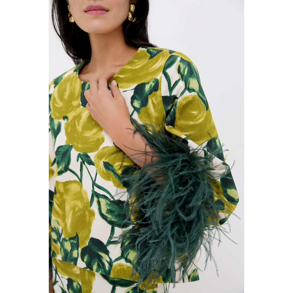 NWT Tuckernuck Giverny Gardens Maxine Top | Yellow Rose Print + Feather Cuffs - Picture 6 of 7